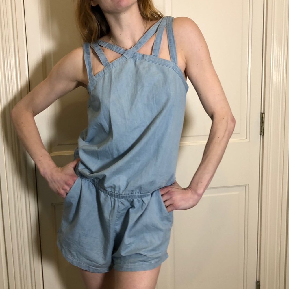 Fabletics denim short romper.